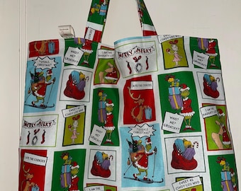 Handmade Market & Tote Bag - Grinch Postcards Christmas - Washable Reversible