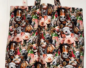 Barnyard Selfies - Handmade Reversible Washable Tote and Beach Bag.