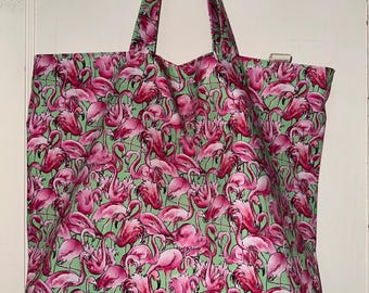 Sac fourre-tout fait main à imprimé flamants roses - Sac de courses réutilisable en coton