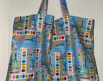 School Supplies Teacher Gift - Handmade Reversible Washable Tote and Beach Bag.