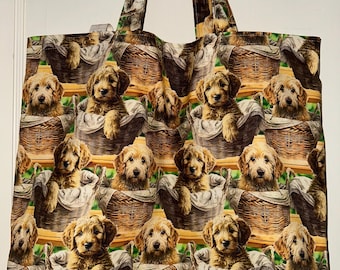 Bolso de playa reversible de algodón hecho a mano con diseño de cachorro Golden Doodle