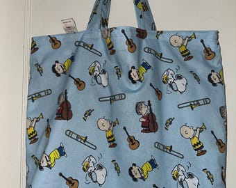 The Musical Talents of Snoopy and the Gang  - Handmade Reversible Washable Tote and Beach Bag.