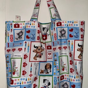 Cute Kitty & Puppy - Kawaii - Medical / Nurses / Doctors - Handmade Tote Bag - Reusable Grocery Bag