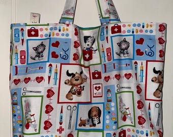 Handmade Kitty and Puppy Dog Tote Bag – Medical Print, Reusable Grocery Bag