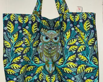 Handmade Reversible Tote Bag: Tula Pink Hootie Patootie Owl Fabric