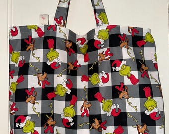 Handmade Market & Tote Bag - Grinch Buffalo Check Christmas - Washable Reversible