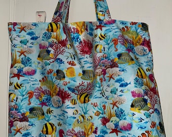 Handmade Reef Fish Batik Tote Bag - Reversible, Washable Beach Bag