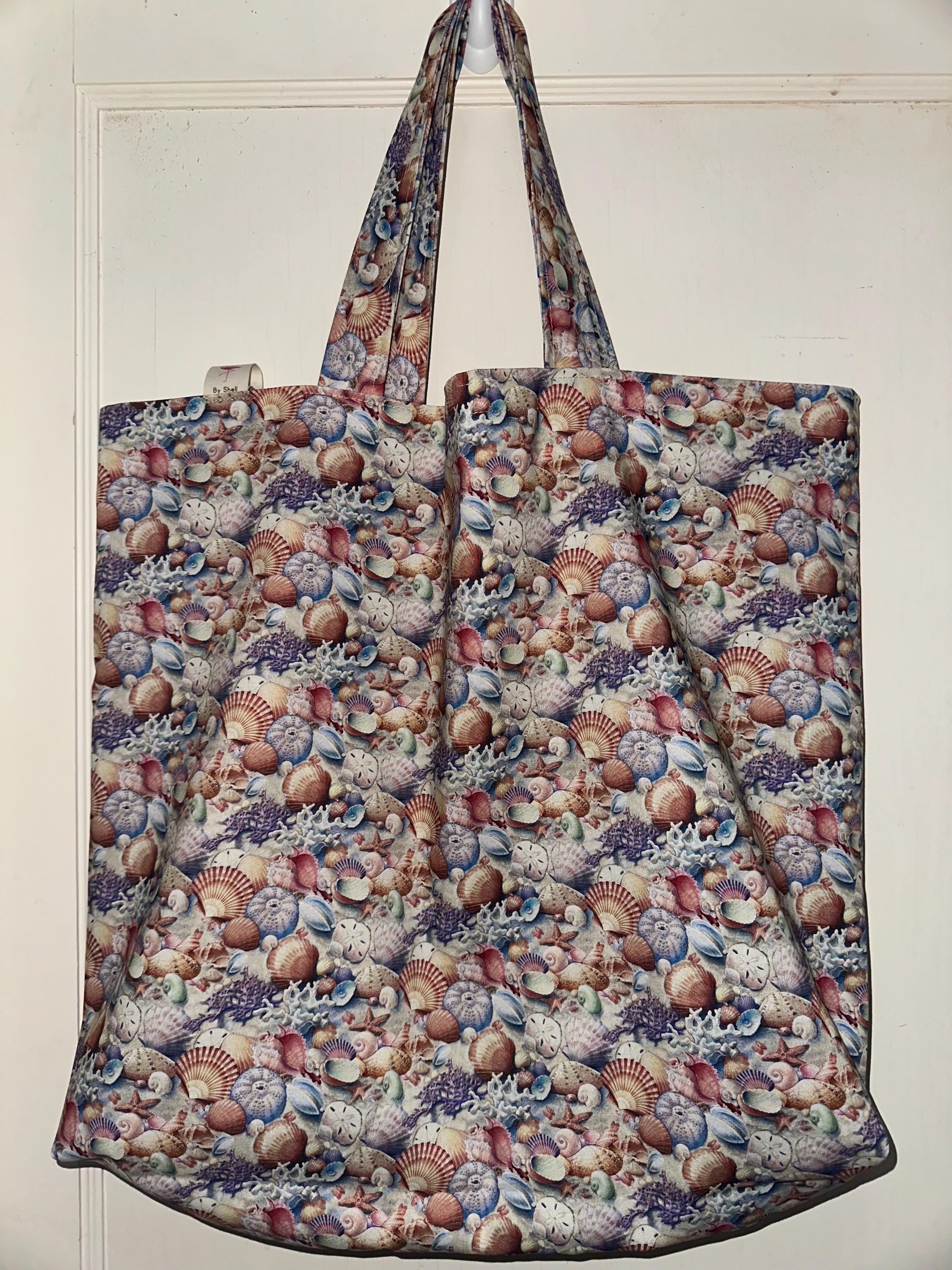 Gorgeous Sea Shells & Baby Sea Turtle Hatchlings - Handmade Reversible Washable Tote and Beach Bag.
