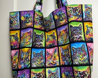 Warhol-esque Kitty Cats - Handmade Tote Bag - Reusable Grocery Bag - Reversible / Washable - Super Vibrant Colors