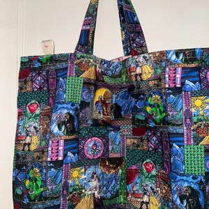 Beauty and The Beast - Stained Glass Look - Handmade Tote Bag - Reusable Grocery Bag - Reversible / Washable