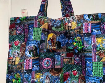 Beauty and The Beast - Stained Glass Look - Handmade Tote Bag - Reusable Grocery Bag - Reversible / Washable