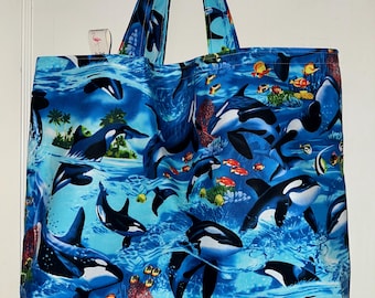Ocean Dreams and Orcas - Handgemachte, wendbare, waschbare Einkaufstasche - Markttasche