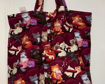 Kitty Cats Go To The Movies - Handmade Reversible Washable Tote and Beach Bag.