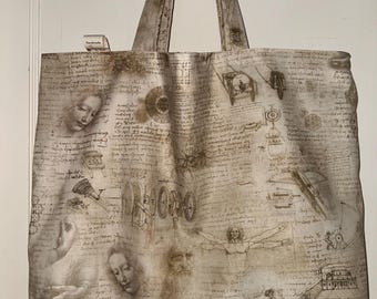 Bolso de mano reversible y lavable hecho a mano - Bocetos y arte de Leonardo Da Vinci