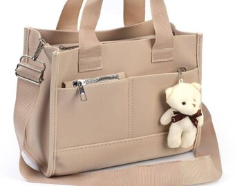 Women Canvas Fabric Shoulder Bag with Teddy Bear