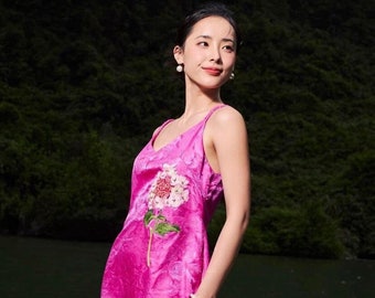 Silk dress, Hand embroidered, Made in Vietnam, Elegant, Two straps.
