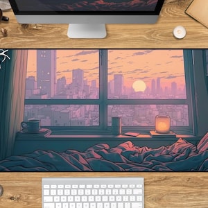 Cozy lo-fi bed and city at dawn desk mat, skyline snug lofi vibes, large kawaii XXL mousepad, cute aesthetic gaming deskmat, birthday gift