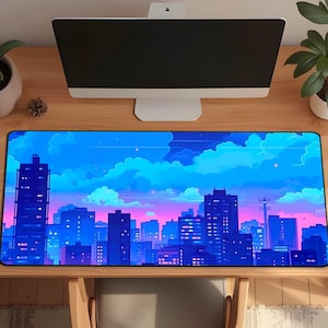 Pixel Art Night City Desk Mat, Blue Purple Skyline Mouse Pad, Anime Cozy Cityscape
