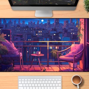Cozy lo-fi balcony deskmat, pixel colorful city skyline, kawaii large XXL mousepad, cute aesthetic pastel gaming mousepad lo fi anime retro
