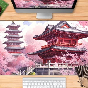 Japanese pagoda desk mat, Japanese temple deskmat, large XXL mousepad, cherry blossom pastel gaming mouse pad lo fi anime retro computer mat