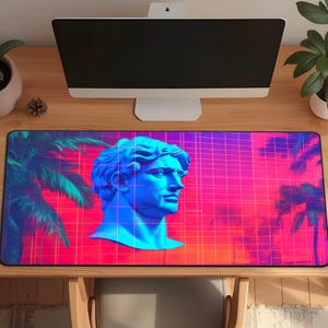 80s Vaporwave Greek Statue Desk Mat, Retrowave Art Mouse Pad, Digital Art Workspace Decor
