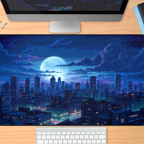 Dreamy noir night city desk mat, lo-fi skyline deskmat large XXL mousepad, aesthetic pastel gaming mouse pad lo fi anime retro cityscape