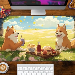 Adorable Shiba Inu picnic desk mat, kawaii pet dog deskmat, puppies large XXL mousepad, aesthetic pastel gaming mouse pad lo fi animal anime