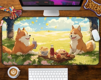 Shiba Inu Picnic Desk Mat, Kawaii Dog Mousepad, Pastel Anime Gaming