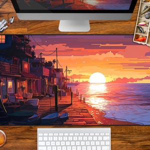May include: A colorful sunset over a calm ocean with a small town in the foreground. The town has a wooden boardwalk leading to the water. The sky is a mix of orange, pink, and purple. The sun is setting in the distance, casting a golden glow over the scene.