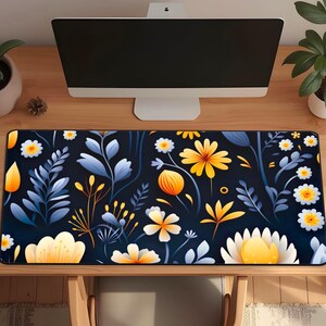 Abstract Floral Desk Mat, Yellow & Blue Flowers Vector Mouse Pad, Modern Botanical Workspace Decor