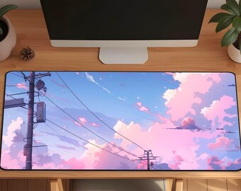 Lofi Pink and Blue Sky Desk Mat, Dreamy Clouds Mouse Pad, Retro Calm Deskmat