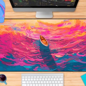 Lo-fi vibrant waves desk mat, dreamy landscape deskmat, boat and seas pastel large XXL mousepad, cute aesthetic gaming mouse pad lofi