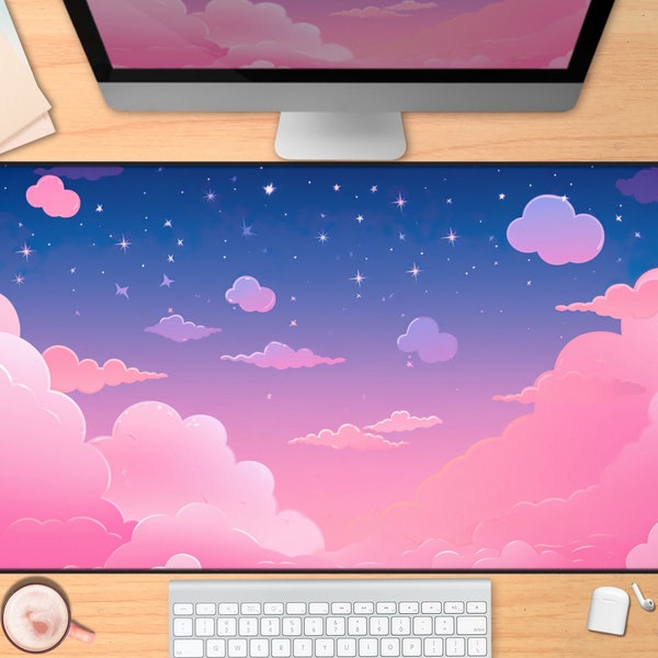 Dreamy pink desk mat, soft tones pastel desk mat, pink clouds desk mat, pink pastel mouse pad, lo-fi pink clouds deskmat, kawaii lofi pastel