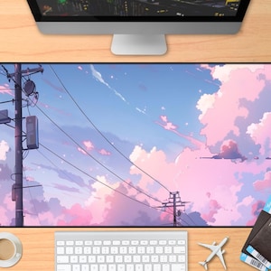 Skyline pastel desk mat, lo-fi pixel art deskmat, sky and cloud kawaii large XXL mousepad, gaming mouse pad lo fi anime retro