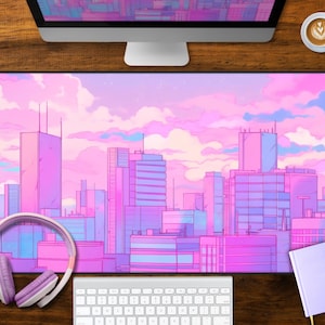 Lo-fi pastel city skyline desk mat, large metropolis pixel deskmat, downtown gaming mouspad lo fi anime retro architecture mouse pad lofi