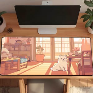 May include: A rectangular desk mat featuring a warm-toned, anime-style illustration of a cozy room interior. The scene depicts a small, fluffy white dog sitting on a wooden floor, surrounded by furniture, potted plants, and large windows.