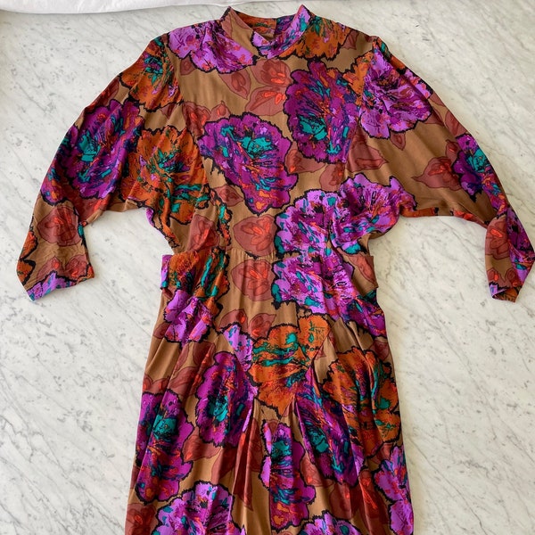 Vintage 80's Novelty Print Dress, Secretary Dress, Floral Print, Dolman Sleeve Dress