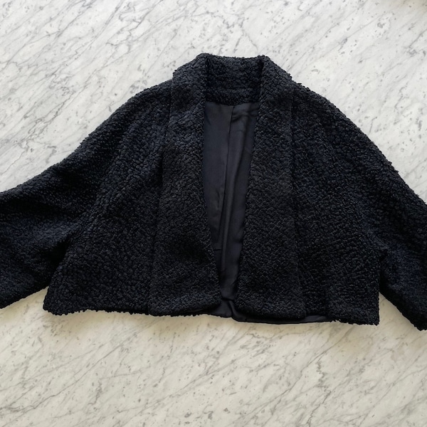 Vintage 40s/50s Swing Jacket Boucle Wool - Nubby Deep Pile & Lining – Classic Black Wrap/Cuddle with Pockets