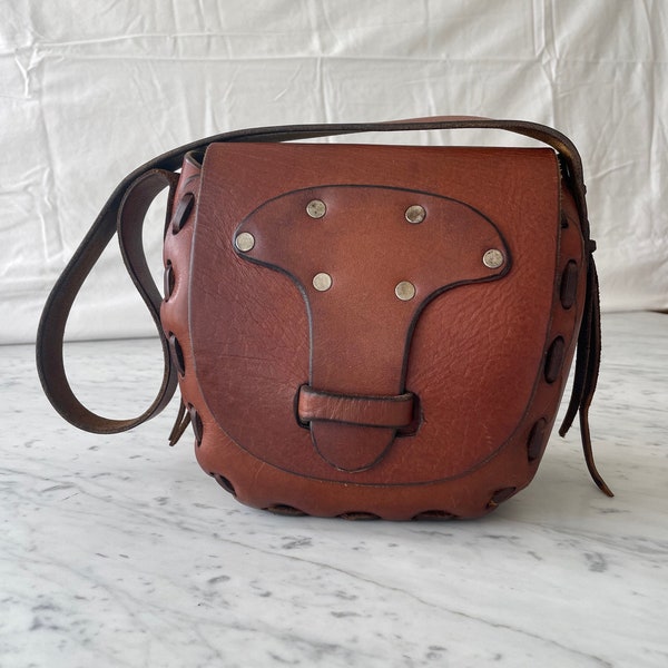 Vintage 60s-70s Hand Laced Leather Shoulder Bag With Metal Stud Detail, Boho Hippie