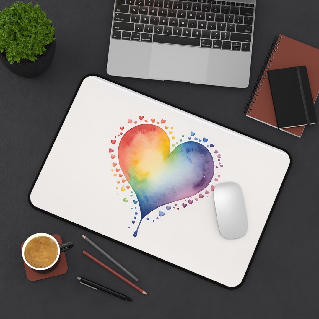 Rainbow Heart Desk Mat Desk Pad Keyboard Pad Mouse Mat Watercolor Love ...