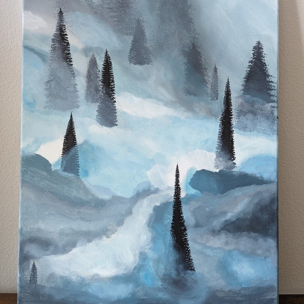Acrylic painting of "Foggy forest". 100% Handmade. Acrylic. Wall decor, landscape, nature painting, trees, forest painting, gift.