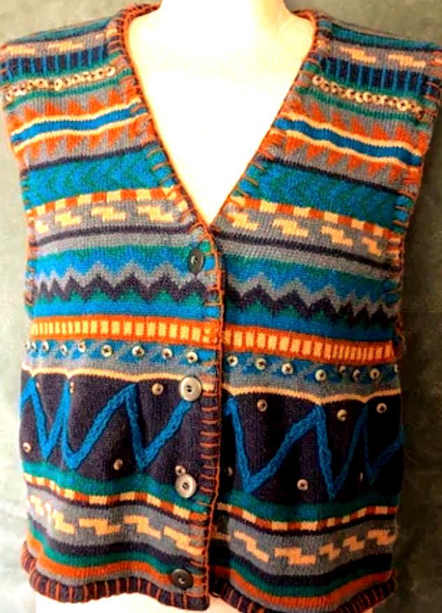 トップス 80s vintage cotton knit design long vest Vintage Large 80s 90s Cotton Vest. Geometric Blue With Metal