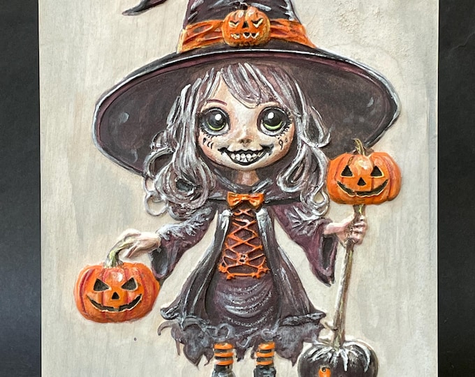 Hand-Painted Witch Wood Carving - Raven