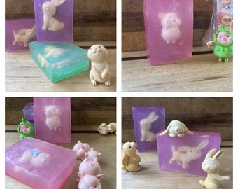 Cute pig or rabbit toy embedded soap bar: piggy bunny watermelon scent great for stocking stuffer, Easter basket, gift soap