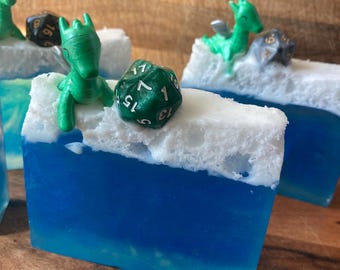 D20 dice and dragon glycerine soap in citrus scent : dungeon dragon fans, stocking stuffer, fun gift soap Valentine’s Day soap