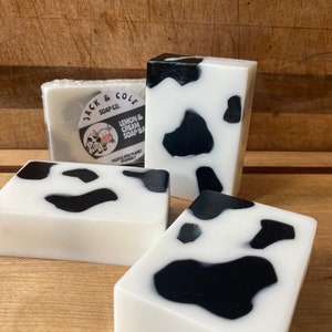 Cow theme soap in lemon and cream: fun farm theme gift, cute cow theme