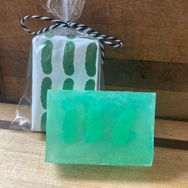 Dill Pickle scented soap bar with or without pickle eraser embed. Perfect for pickle enthusiasts, fun gift, stocking stuffer, Easter gift