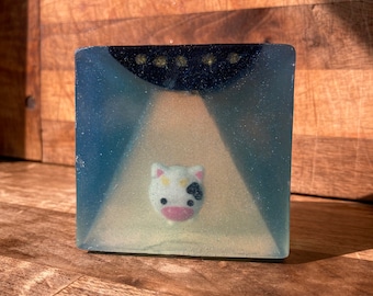 Alien abduction cow soap bar lemon scent great for gifting stocking stuffers gag gift