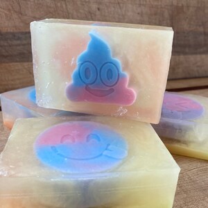 Silly smiley face fruity rings soap bars: smiley, winky face, poop emoji. Great stocking stuffer