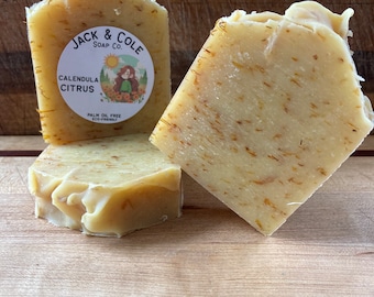 Vegan, palm oil free cold process soap bar calendula flower citrus soap bar